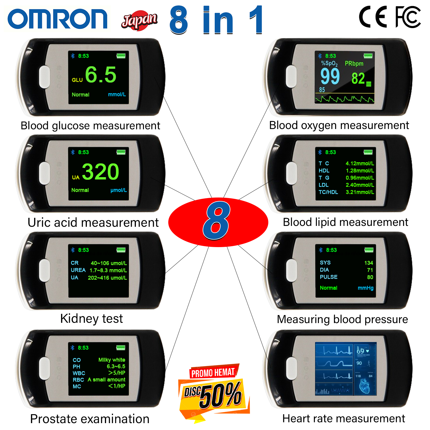T04 (neinvazivní měření glukózy v krvi + neinvazivní měření kyslíku v krvi + neinvazivní měření kyseliny močové + neinvazivní srdeční frekvence + neinvazivní krevní tlak + test krevní skupiny + těhotenský test + kardiopulmonální test + test ledvin + test prostaty + laserová glukóza + připojení Bluetooth + připojení k PC)